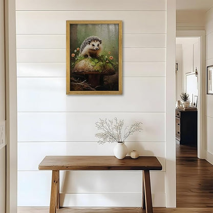 SAMHOU Framed Hedgehog Decor Painting, 3D Textured Hand Drawn Sandstone Wall Art, Vintage Rustic Woodland Cottagecore Wall Decor, Cute Animal Nursery Print Oil Paintings 16''x24''