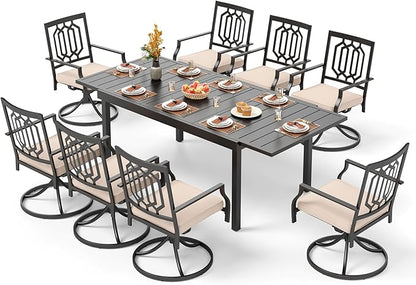PHI VILLA 9 Pieces Outdoor Dining Set, Expandable Metal Table (64"-82") and 8 Swivel Dining Chairs – Perfect for Patio, Garden, Deck, Porch, and Yard, 9PCS Outdoor Dining Set Style 5