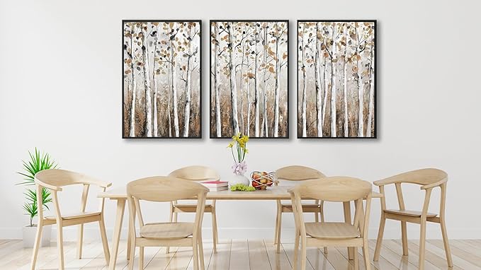 Large Framed Tree Wall Art - Abstract Forest Wall Decor 24"x36" Set of 3 Aesthetic Autumn Birch Painting Prints Modern Brown Plant Canvas Pictures for Living Room Bedroom Office Artwork