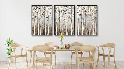 Large Framed Tree Wall Art - Abstract Forest Wall Decor 20"x28" Set of 3 Aesthetic Autumn Birch Painting Prints Modern Brown Plant Canvas Pictures for Living Room Bedroom Office Artwork