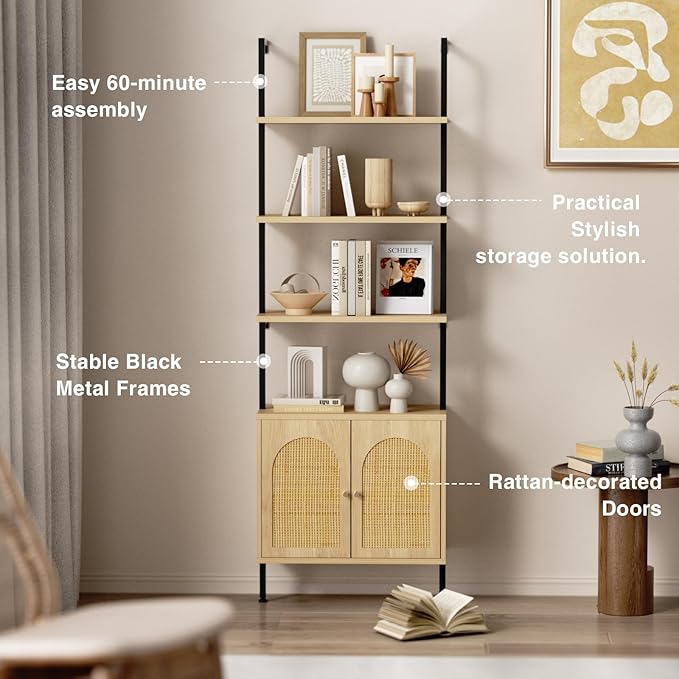 Set of 2 Tall Bookshelf with Storage, 6 Tier Ladder Bookshelf with Rattan Cabinet, Wall Mounted Bookcase with Doors & Metal Frame for Living Room, Bathroom, Home Office, Natural