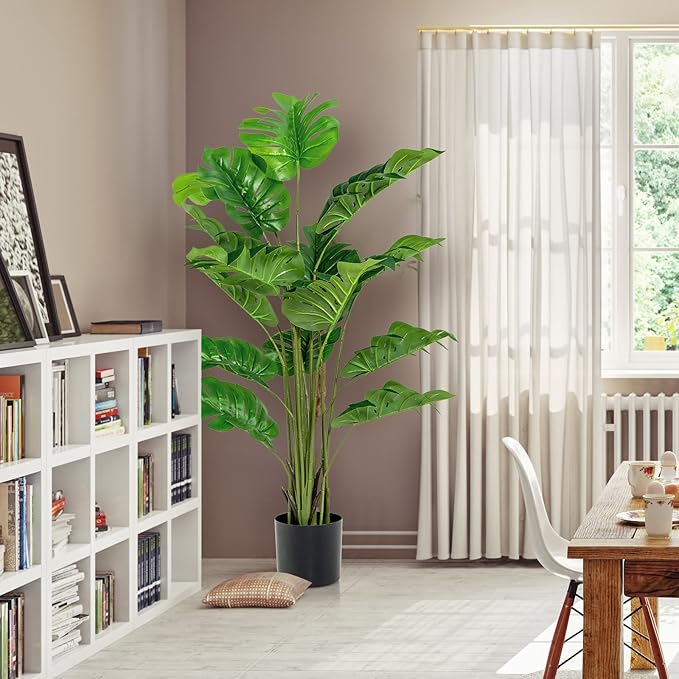 GOFLAME Artificial Monstera Deliciosa Plant, 5ft Potted Faux Tree with 15 Verdant Fake Leaves, Swiss Cheese Plant for Home Decor Indoor, Outdoor, Home, Office, 2 Pack