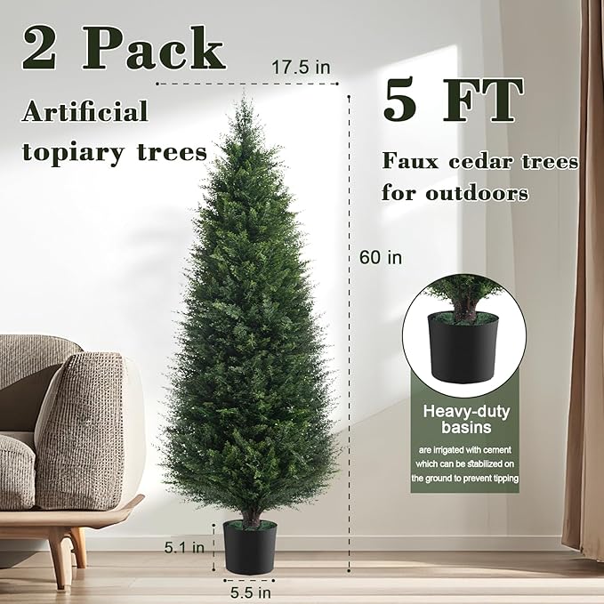 Two 5ft Artificial Plants Topairy Faux Cedar Trees for Outdoor Planters, 60IN Tall Fake Pine Bushes UV Resistant Large Potted Shrubs for Front Porch Décor
