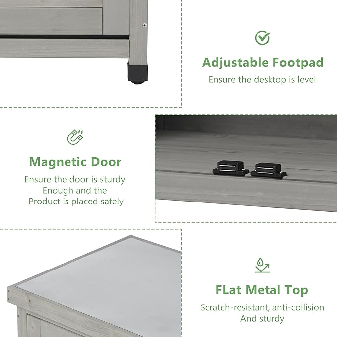 Potting Bench with Storage Cabinet and Metal Table Top for Outdoor Patio, Garden Furniture Wood Workstation
