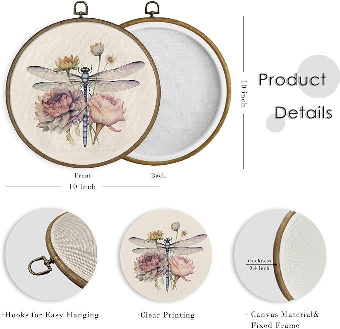 MAQIKA Dragonfly Flower Framed Wall Art Decor, Dragonfly Wall Art, Boho Botanical Round Wall Hanging Decor, Vintage Dragonflies Canvas Prints Wall Art for Farmhouse Wall Sculptures Bedroom,10x10 Inch
