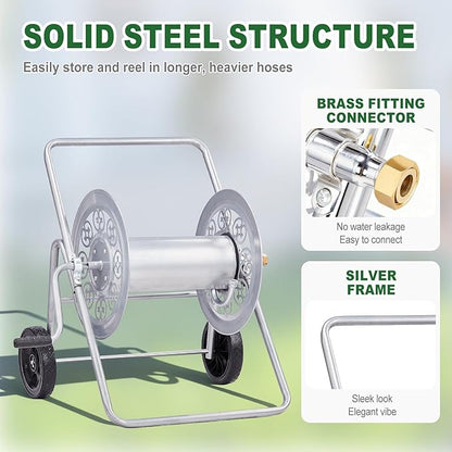 Outvita Hose Reel Cart, Hold up to 175 Ft of 5/8'', Garden Water Hose Reel Carts Mobile Tools with 2 Wheels, Heavy Duty Powder-coated, for Garden, Yard, Lawn, Outdoor(Silver)