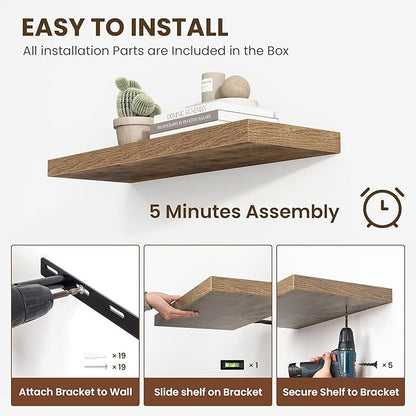 36 Inch Floating Shelves, 12 Inch Deep Floating Shelves for Wall, Floating Shelf with Invisible Brackets, Deep Shelves for Bathroom, Bedroom, Living Room, 2 Pack, Brown
