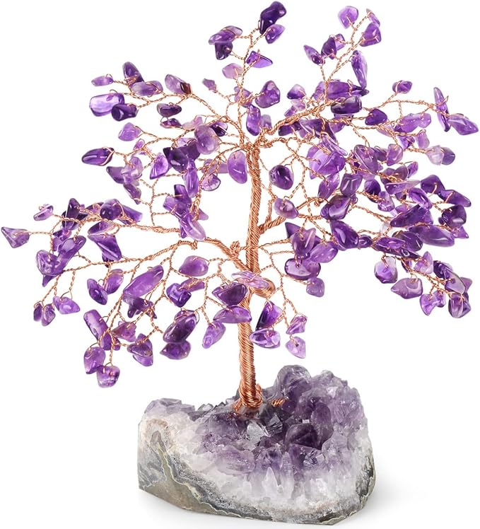 Handmade Chakra Gemstone Crystal Tree of Life,Natural Amethyst with Amethyst Cluster Base,Bonsai Feng Shui Decor Money Tree,Healing Crystals Positive Energy Gift Size 5.5"-6.3"