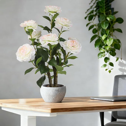 TOARTi Artificial Camellia Potted Plant with Stone Pot, 20.5" Tall Fake Potted Flowers Faux Desk Plant, Realistic Decorative Plants Indoor Decor for for Home Bedroom Bathroom Office Desk