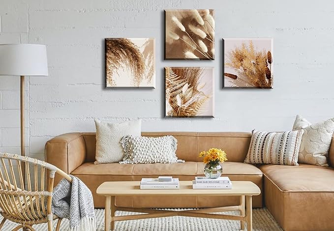 BLINFEIRU Boho Botanical Canvas Wall Art Prints Modern Neutral Fall Wall Decor Farmhouse Plant Dried Floral Grass Pictures for Bedroom Bathroom Decoration Home Living Room Artwork Framed 12"x12"x4