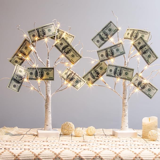 PABIPABI Money Tree Gift Holder, Set of 2 Birch Tree with 24 Clear Clips, Battery/USB Powered Timer Tabletop Trees for Home Party, Christmas, Wedding, Birthday Graduation (Warm White)