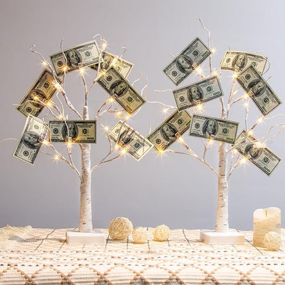 PABIPABI Money Tree Gift Holder, Set of 2 Birch Tree with 24 Clear Clips, Battery/USB Powered Timer Tabletop Trees for Home Party, Christmas, Wedding, Birthday Graduation (Warm White)