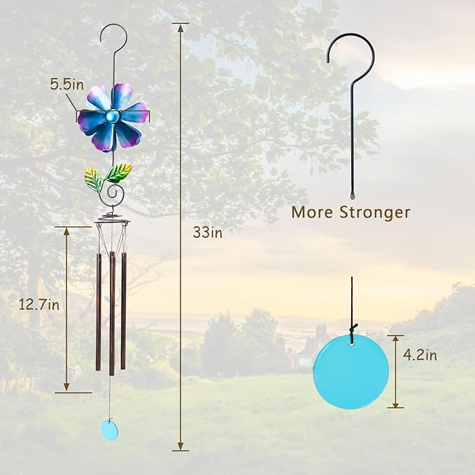 MUMTOP Wind Chimes for Outside Clearance - Garden Wind Chimes with Flower Wind Spinner, 33 Inch Deep Tone Metal Memorial Sympathy Windchimes for Patio Outdoor Porch Yard Decor Gifts(Blue)