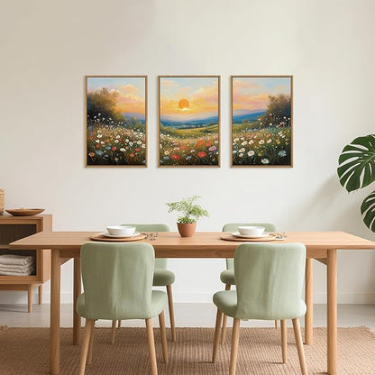HOURIA Watercolor Sunset Floral Meadow Landscape Framed Canvas Wall Art Set,Boho Vibrant Colorful Wildflower Decor,Modern Nature Inspired Scenery Artwork for Living Room,Bedroom,Farmhouse-16 x24 x3