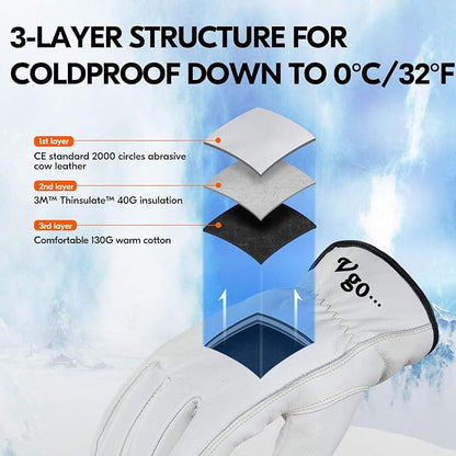 Vgo... Lined Winter Cow Grain Leather Gloves, 32℉ or Above (1 Pair,Size XL, Cream, CA9501F)
