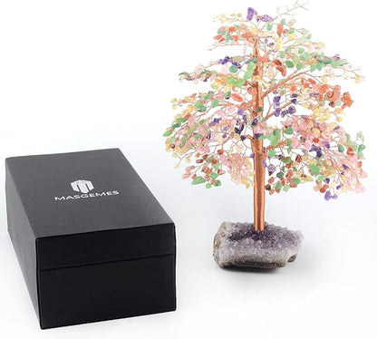 Natural Gemstone Crystal Tree of Life,Chakra Tree Multi Stone,Amethyst Geode Cluster Base,Positive Energy Healing Crystals Bonsai Money Tree,Feng Shui Home Decor Spritural Gift10-12"