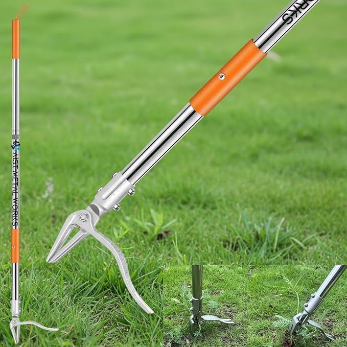YYMIYU 52" Stand Up Weed Puller Tool – 4-Claw Stainless Steel Weeder with Grass-Pushing & Weed-Ejection Design – Heavy-Duty 0.8mm Steel Handle for Effortless Root Removal