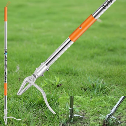 YYMIYU 52" Stand Up Weed Puller Tool – 4-Claw Stainless Steel Weeder with Grass-Pushing & Weed-Ejection Design – Heavy-Duty 0.8mm Steel Handle for Effortless Root Removal