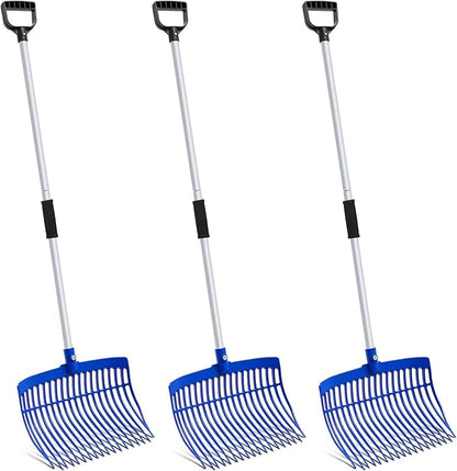 Lasnten 3 Sets Blue Manure Fork with Long Metal Handle Pitch Fork Manure Rake Heavy Duty Muck Rake for Gardening Horse Stall Stable Grass Hay Cleaning Farm Work(D Shaped Grip)