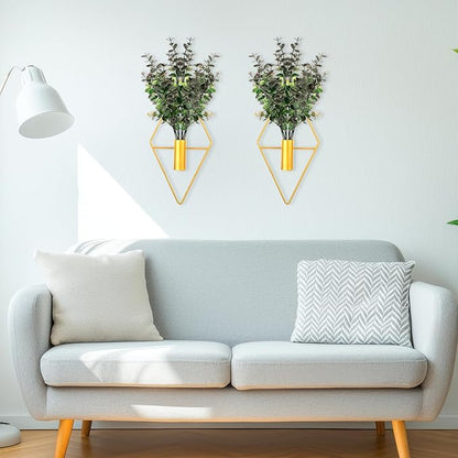 Wall Decor Hanging Planters with Artificial Plants, Modern Metal Wall Planter Set with Greenery Eucalyptus, Geometric Fake Plants for Gold Decor Living Room Aesthetic (2 Pcs)