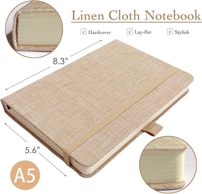 ipoul Linen Journal, A5, 8x6, Ruled Notebook, Journal for Writing, Hardcover, Lay Flat, with Band Closure & Pen Holder, Pink