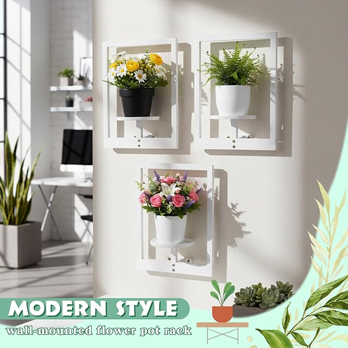 3 Pcs Wall Plant Holder Window Wooden Plant Shelves Photo Frame Planters Pot Holder Indoor Planters Wall Hanging Flower Pot Rack for Home Living Room Bedroom Entrance(Distressed White)
