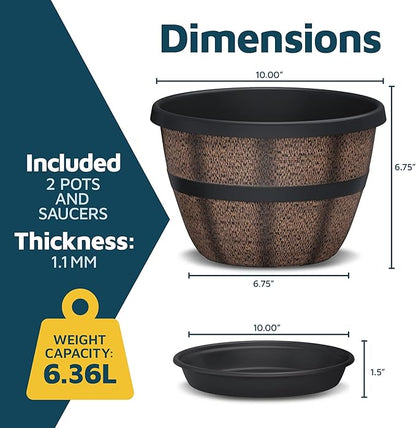 10-Inch Whiskey Barrel Planters Outdoor Pack of 2 - Durable Plastic Plant Pots for Indoor & Outdoor Use with Drainage & Saucer, Lightweight Rustic Barrel Planters for Flowers, Herbs & Small Plants