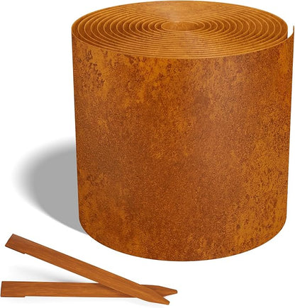 Worth Galvanized Steel Landscape Edging 6" x25' Metal Garden Edging Roll Flexible Bender Border with 8Pcs Stakes for Lawn, Flower Bed Edges, Rust-Colored Painted