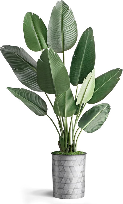 SIGNWIN Artificial Tree in Modern Triangle Pattern Planter, Fake Bird of Paradise Silk Tree for Indoor and Outdoor Home Decoration - 58" Overall Tall (Plant Pot Plus Tree)