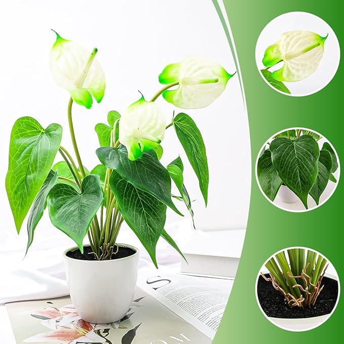 Folmywy Artificial Flower Plants 15 inch Faux Simulation Anthurium White in Plastic Pot Real Touch Fake Flowers Bonsai Decor Garden Balcony Entranceway Living Room Indoor