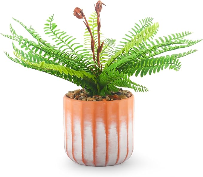 Artificial 21 Fronds Boston Ferns with Pot for Home and Outdoor Decor, Large Faux Fern Plants Decoration for Office & Living Room, Patio, Garden, Suitable for Christmas Decor (Pink & White Pot)