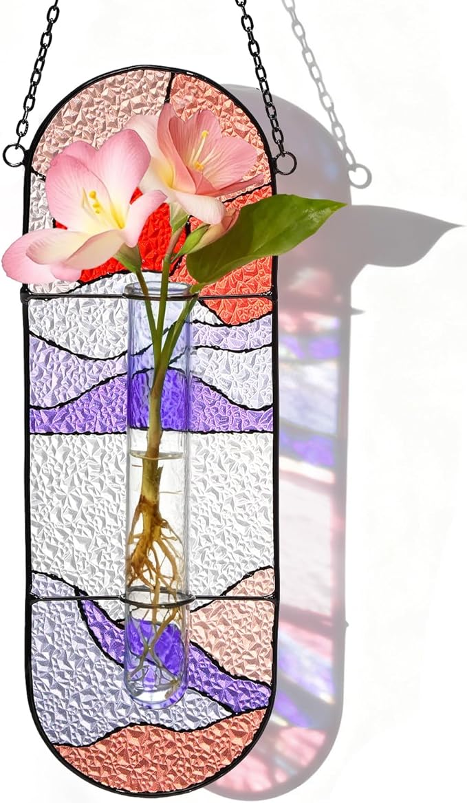 Stained Glass Plant Propagation Stations - Handmade Sunshine Catcher Hydroponic Planter Window Hanging with Glass Tubes, Christmas Terrarium Decor Gifts for Women Mom Plant Lovers, Red