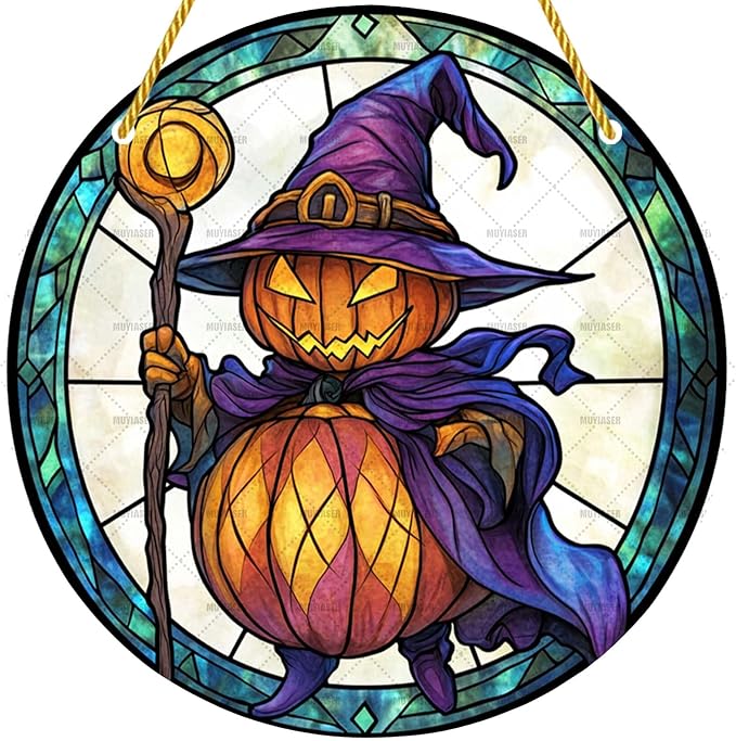 Acrylic Window Hanging Pumpkin Wizard Stained Panel Window Decoration for Halloween Decorations Outdoor Indoor Garden Yard Home Halloween Decor 12 Inch