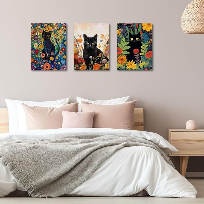 3 PCs Garden Cat Wall Decor Canvas Wall Art Framed Art Cat Posters, Cat Decor for Cat Lovers, Cat Lover Gifts, Aesthetic Artwork for Walls Living Room Bathroom Kitchen Bedroom Home Office Decor