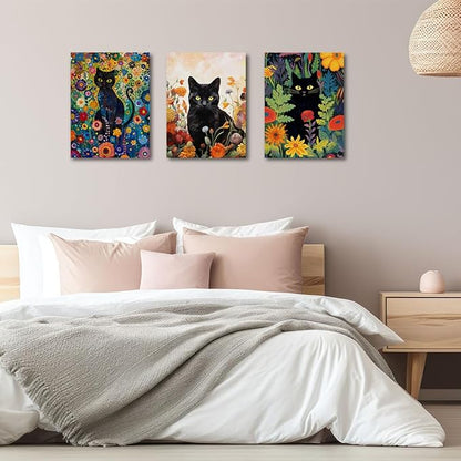 3 PCs Garden Cat Wall Decor Canvas Wall Art Framed Art Cat Posters, Cat Decor for Cat Lovers, Cat Lover Gifts, Aesthetic Artwork for Walls Living Room Bathroom Kitchen Bedroom Home Office Decor