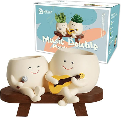Smiley Face Planter Pot,Unique Double Head Guitar Singing Planter,with Drainage Hole Resin Cute Plant Pot,for Indoor Outdoor Plants