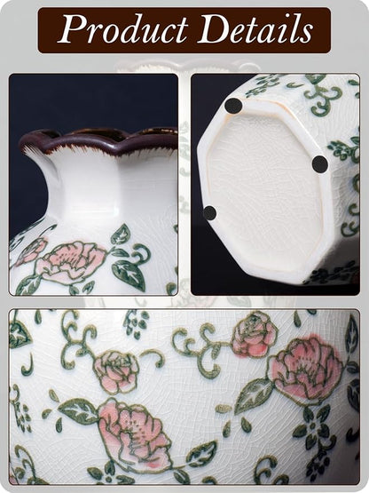 Vintage Ceramic Vase - 9 Inch Hand-Painted Roses with Ice Crackle Glaze Finish, American Farmhouse Style Pitcher Vase for Home Decor, Centerpiece, Shelf, Table, Office, Rustic Wedding Gift