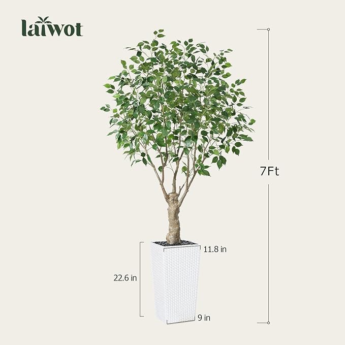 Ficus Artificial Trees Indoor Outdoor, 7ft Tall Fake Plants, Fake Ficus Silk Tree for Home Office Garden Patio Outdoor Modern Decor, 1 Pack