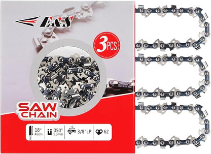 E & S 3 Pack 18 Inch Chainsaw Chain 3/8" LP Pitch .050" Gauge 62 Drive Links Semi-Chisel Chain Saw Chains for Husqvarna, Poulan, Craftsman, Greenworks and More Chainsaw Brands
