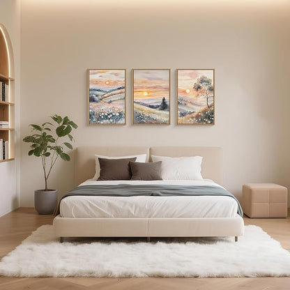 Ausril Pink Boho Sunset Framed Canvas Wall Art Set, Watercolor Sunrise Wildflower Wall Decor, Pink Nature Wall Painting, Botanical Flower Art Print for Living Room, Bedroom, Office, Hallway 16"X24"X3