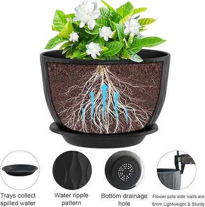 10 inch Large Plant Pots, Flower Pots with Multi-Mesh Drainage Holes and Saucer, Plastic Planters for Indoor and Outdoor Garden Plants (Black, 10")