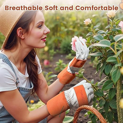 Gardening Gloves, Long Thorn Proof Garden Gloves for Women and Men, Goatskin Breathable Leather Work Gloves for Gardening, Pruning, Yard Work, Brown, S