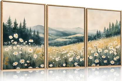 Large Misty Mountain Framed Canvas Wall Art,Nature Daisy Flower Wall Decor,Modern Foggy Forest Painting,Abstract Woodland Landscape Artwork for Living Room,Bedroom,Dining Room-16"x24"x3