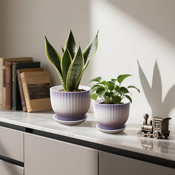 6.7 + 5.5 Inch Ceramic Plant Pots,Planters with Drainage and Saucer,Indoor Pots for Plants,Decorative Orchid Pots Set of 2（Purple + White）