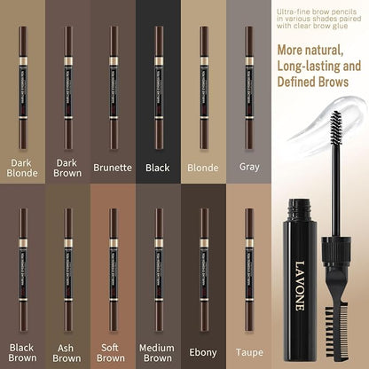 LAVONE Eyebrow Pencil Kit with Microblading Pen, Clear Gel, Eyeliner, Dual-ended Brush, Waterproof, Smudge Proof, Long Lasting Makeup Formula, Eyebrow Pencils for Women - Soft Brown
