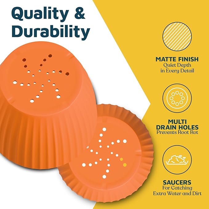 Yellow 6-Inch Plant Pots with Drainage & Saucers 24 Pack, Indoor & Outdoor Planters for Houseplants, Herbs, and Flowers, Durable & Weatherproof Material, Stackable, Lightweight, Minimalist Design