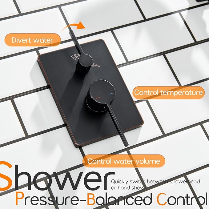 Bathroom Shower System Included Pressure Balancing Shower Mixer Valve, 10'' Rain Shower Head, 3-Setting Handheld Spray, Wall Mounted Oil-Rubbed Bronze SF001ORB-D10