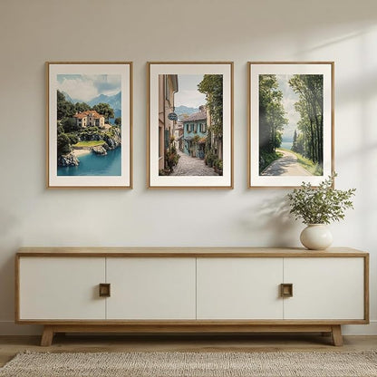Large Vintage Italy City Coast Framed Canvas Wall Art,Modern French Country Street Wall Decor,Natural Town Tree Landscape Artwork for Living Room,Dining Room,Office -16"x24"x3