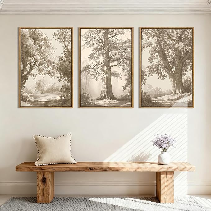 Vintage Tree Wall Art Framed Tree Sketch Antique Painting Neutral Forest Wall Decor 16x24 Inch Set of 3 for Living Room Bedroom