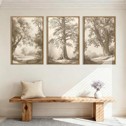 Vintage Tree Wall Art Framed Tree Sketch Antique Painting Neutral Forest Wall Decor 16x24 Inch Set of 3 for Living Room Bedroom